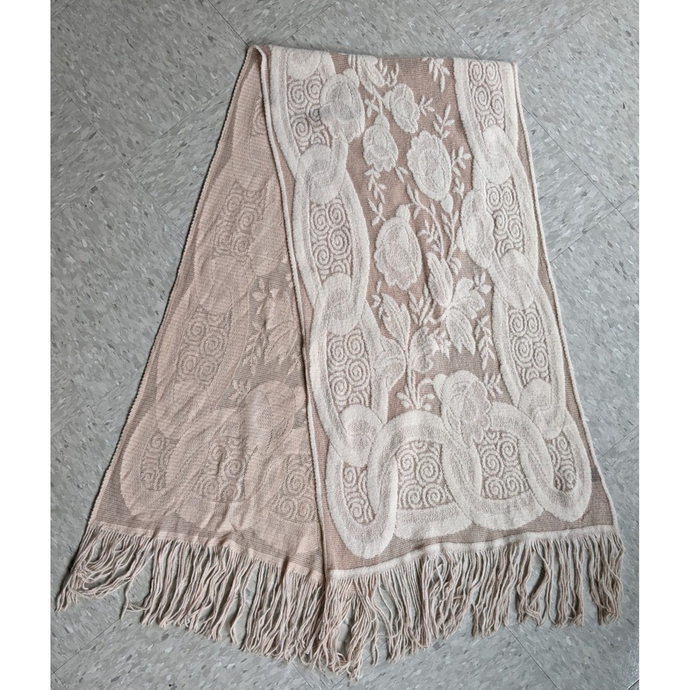 Retro Made in Italy Burnout Wool Wrap Scarf Floral Fringe Cottagecore Tan Cream